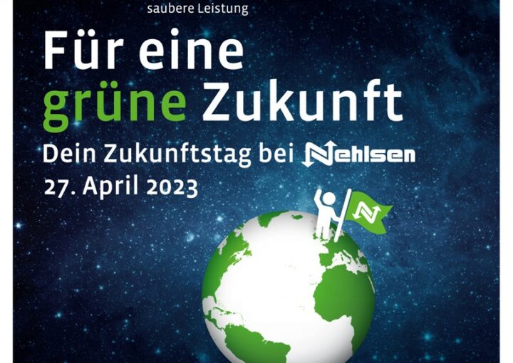 Das Bild wirbt für den Zukunftstag bei Nehlsen im April 2023. Auf einer Weltkugel steht eine Figur mit Nehlsen-Flagge. Im Hintergrund ist das All.