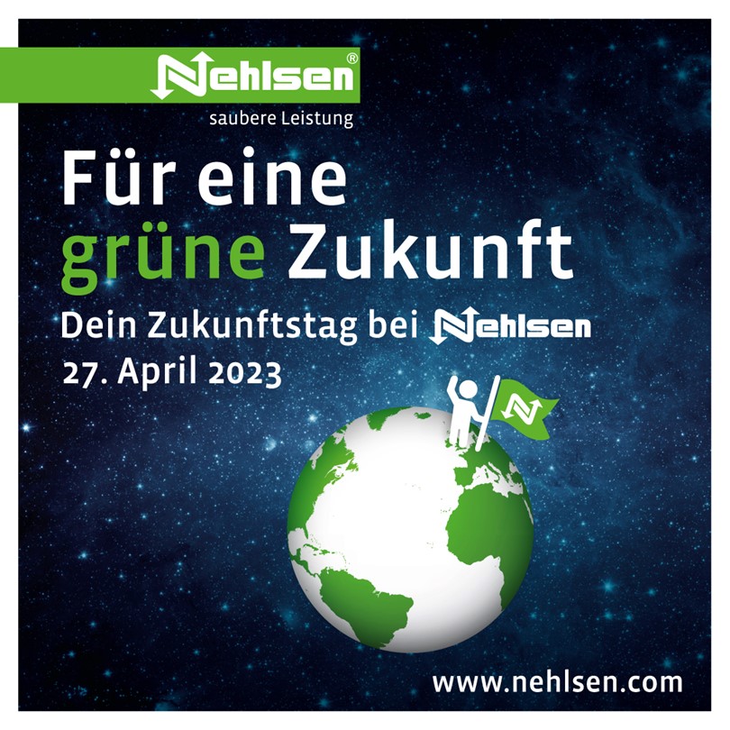 Das Bild wirbt für den Zukunftstag bei Nehlsen im April 2023. Auf einer Weltkugel steht eine Figur mit Nehlsen-Flagge. Im Hintergrund ist das All.