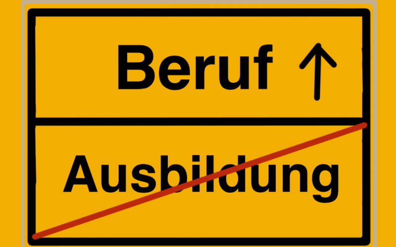 Auf einem gelben Schild, wird die Richtung zum Beruf durch einen Pfeil angezeigt und das Wort Ausbildung durchgestrichen.